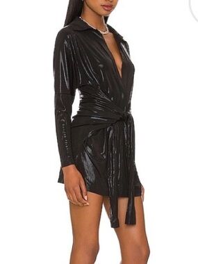 Norma Kamali Black Shiny Faux-Leather Wrap Long-Sleeve Mini Dress